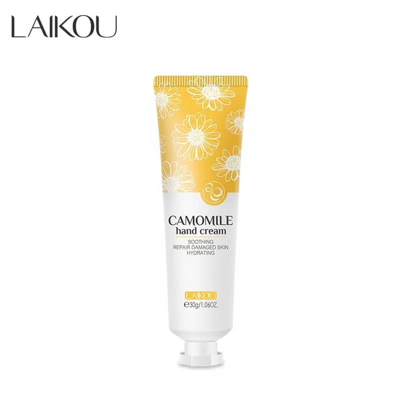 Laikou Camomile Hand Cream 30g tube, white packaging with yellow cap and chamomile flower graphic. - thumbnail