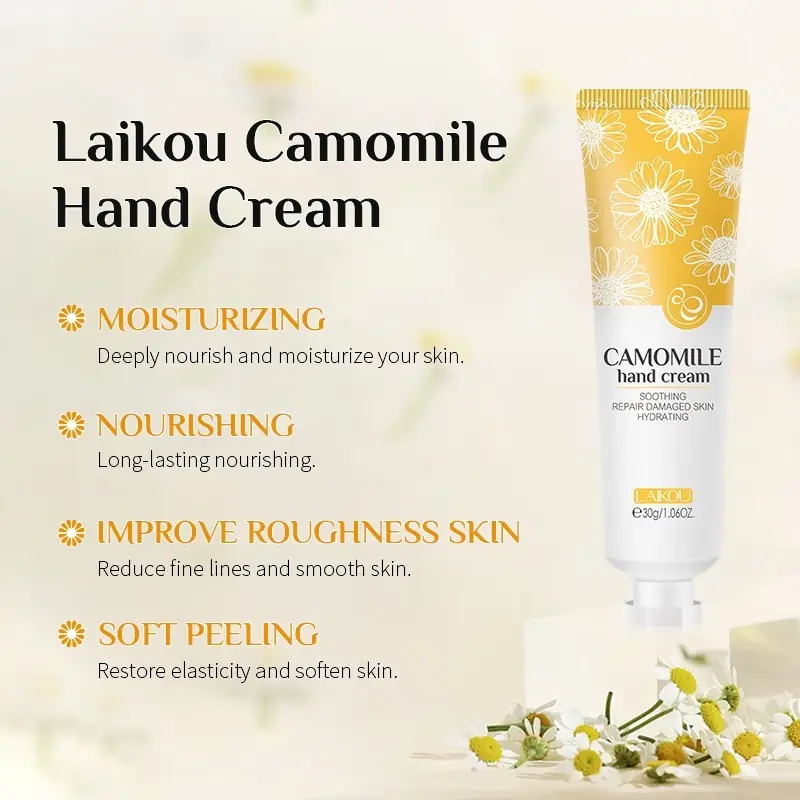 Laikou Camomile Hand Cream 30g tube's backside displaying product details, ingredients and barcode. - thumbnail