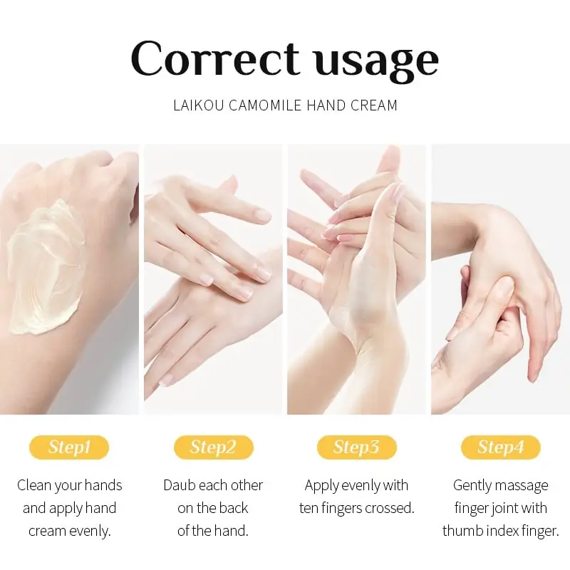Laikou Camomile Hand Cream 30g tube shown alongside a fresh white cream swatch. - thumbnail