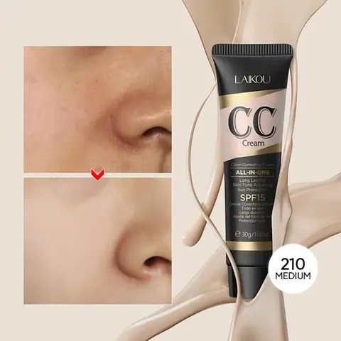 Full Laikou CC Cream SPF15 Medium 210 tube, pink and gold packaging on white background.