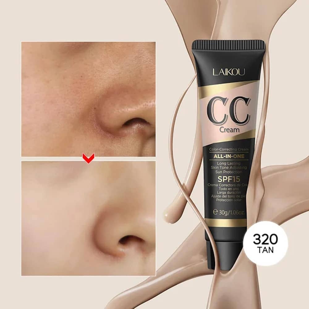 Laikou CC Cream SPF15 TAN 320 full-size tube with a mini applicator brush on white background. - thumbnail