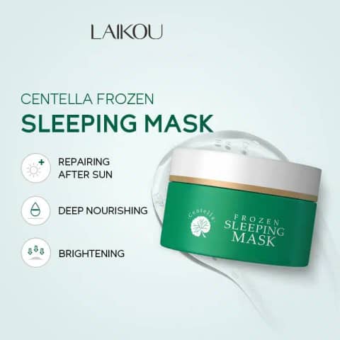 Laikou Centella Frozen Sleeping Mask in a vibrant green tub with silver lid, front view. Brightening formula, 100g.