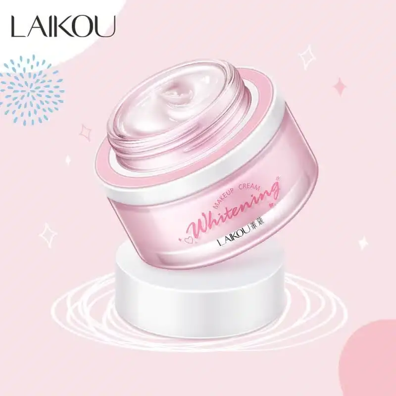 Laikou face makeup cream jar open, revealing smooth white cream and small applicator spatula. - thumbnail