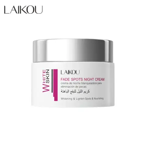 Laikou Fade Spots Night Cream jar, slightly open, revealing smooth white cream with its box.