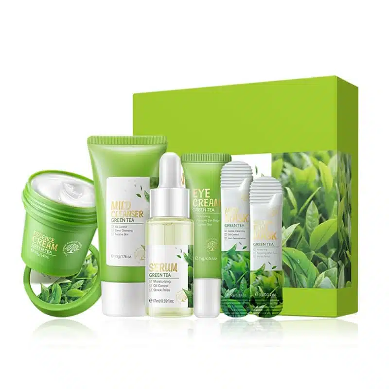 Complete Fenyi Green Tea Skincare Set, six products in green and white packaging, neatly arranged. - thumbnail