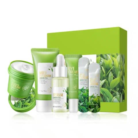 Complete Fenyi Green Tea Skincare Set, six products in green and white packaging, neatly arranged.