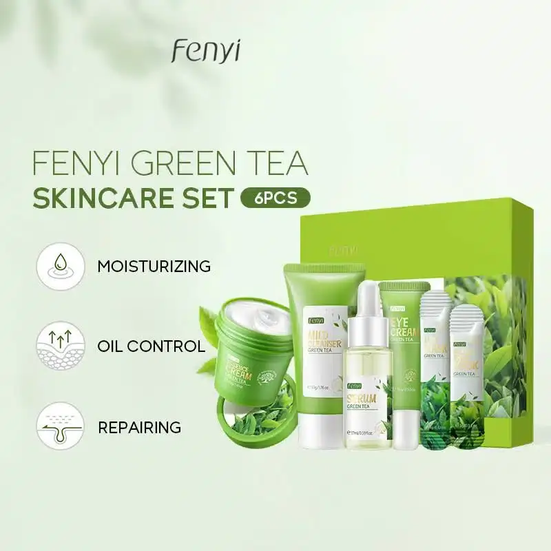 Close-up of four Fenyi Green Tea Skincare products, highlighting natural green leaf packaging details. - thumbnail