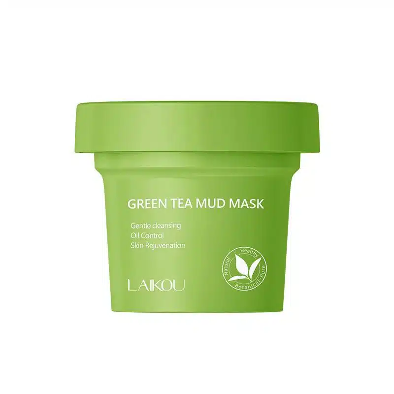 Laikou Green Tea Mud Mask in its green jar packaging, displayed clearly from the front, 100g. - thumbnail