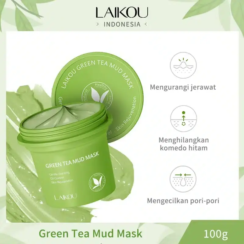 Open Laikou Green Tea Mud Mask jar, revealing the vibrant green mud texture with an applicator tool. - thumbnail