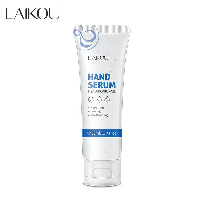 Laikou Hyaluronic Acid Hand Serum 50ml, white bottle with silver pump top, front view. - thumbnail