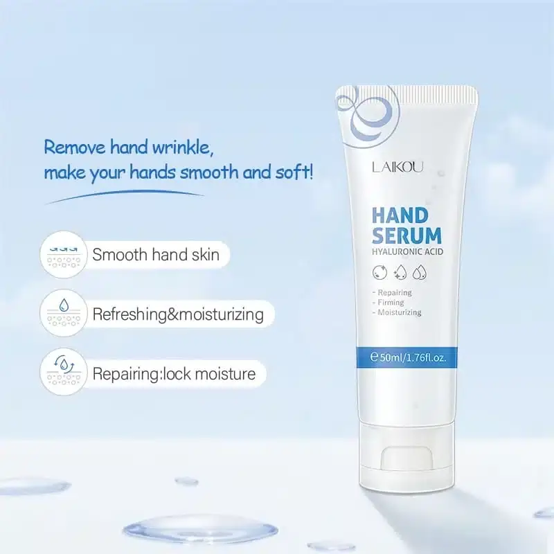 Laikou Hyaluronic Acid Hand Serum white bottle, angled back view showing product details. - thumbnail