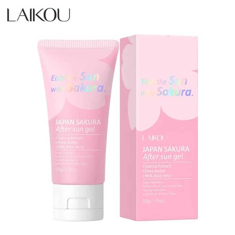 Laikou Japan Sakura After Sun Gel 50g in a pink tube with elegant sakura flower graphics.