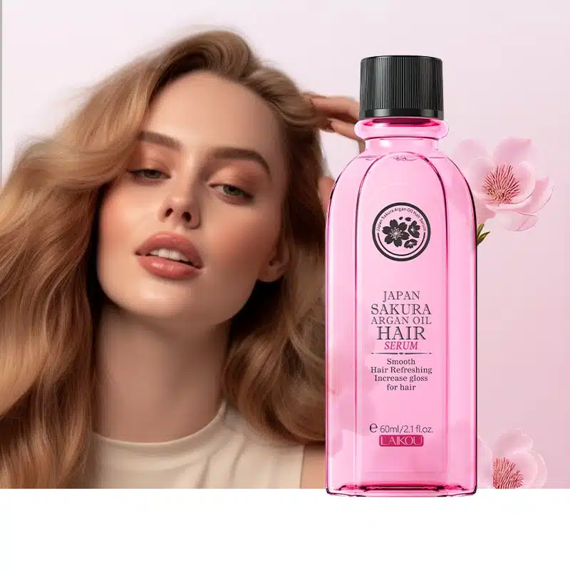 Vibrant pink Laikou Japan Sakura Argan Hair Serum 60ml bottle with white pump. - thumbnail