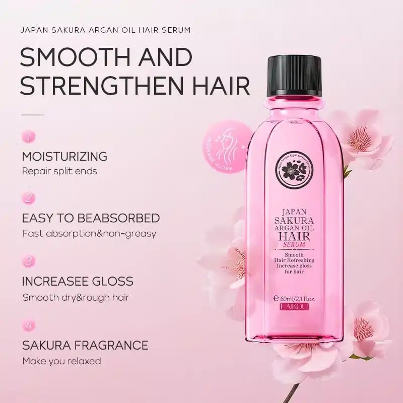 Two pink Laikou Japan Sakura Argan Hair Serum 60ml bottles angled side-by-side. - thumbnail