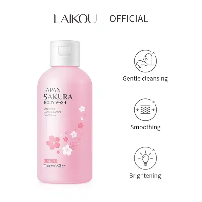 Laikou Japan Sakura Body Wash 100gm, a pink bottle with white pump, standing upright. - thumbnail