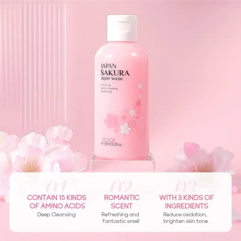 Two Laikou Japan Sakura Body Wash bottles, angled, showing front and side packaging. - thumbnail