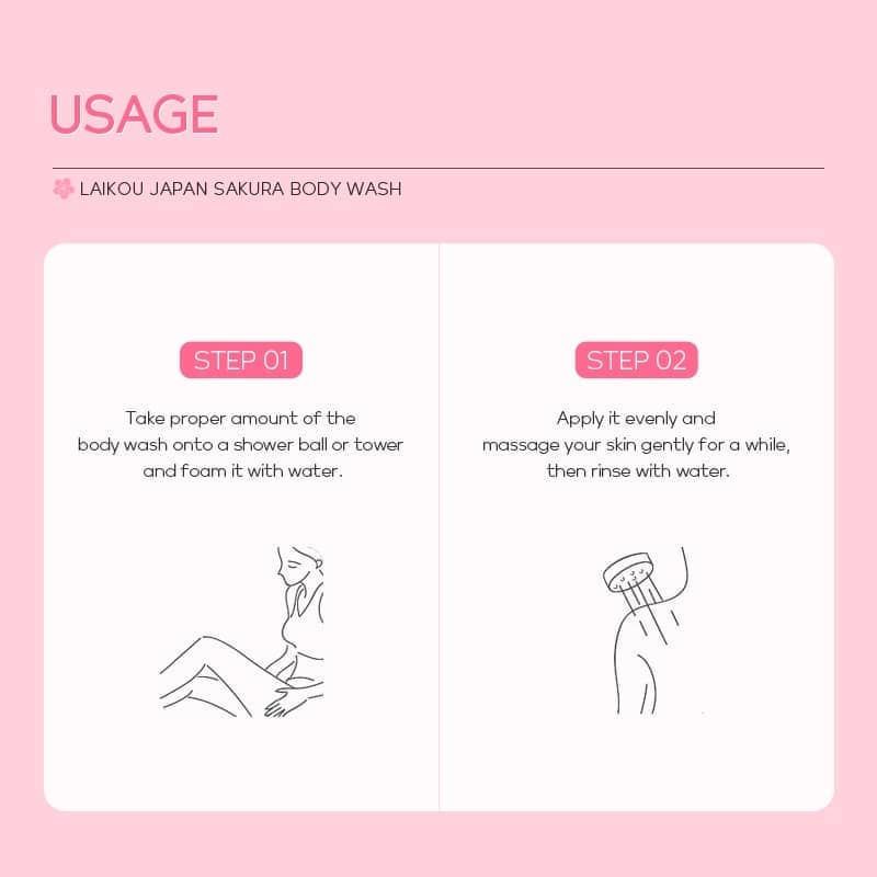 Hand dispenses pearlescent Laikou Japan Sakura Body Wash onto a palm from the bottle. - thumbnail