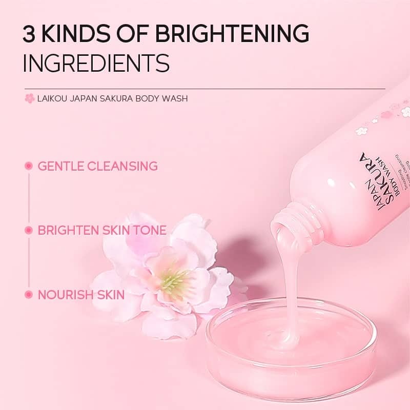 Close-up of pearlescent Laikou Japan Sakura Shower Gel in a bowl with a petal. - thumbnail