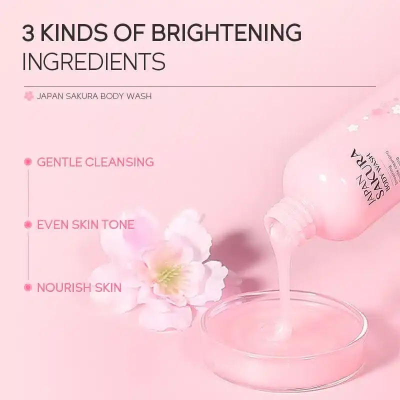 Laikou Japan Sakura Body Wash bottle next to a white creamy product swatch and blossoms. - thumbnail