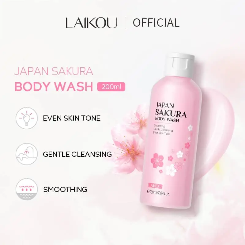 Close-up of Laikou Japan Sakura Body Wash bottle label showing branding and details. - thumbnail