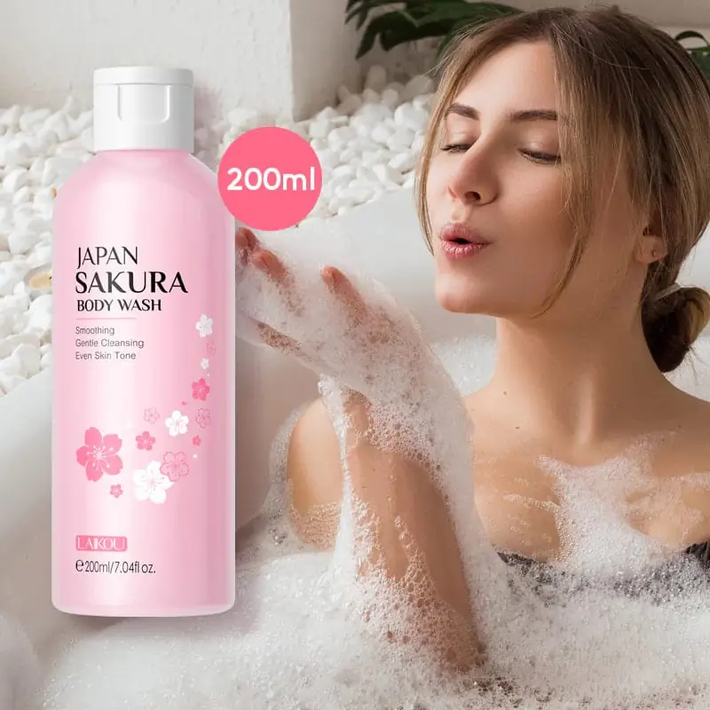 Back view of Laikou Japan Sakura Body Wash 200ml bottle displaying product information. - thumbnail