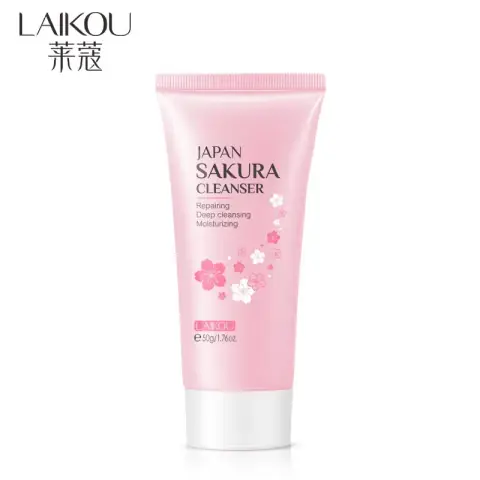 LAIKOU Japan Sakura Cleanser 50gm standing upright, displaying its soft pink tube and white cap.