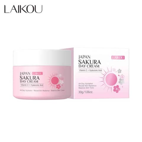 Laikou Japan Sakura Day Cream 30g jar, closed, featuring pink lid and cherry blossom label.