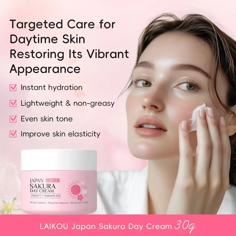 Close-up of Laikou Japan Sakura Day Cream 30g applied, showing smooth white texture on skin. - thumbnail