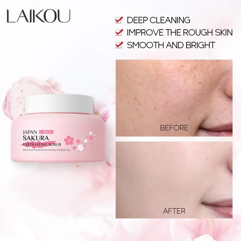 Angled Laikou Japan Sakura Exfoliating Scrub tube open, showing white creamy product texture. - thumbnail