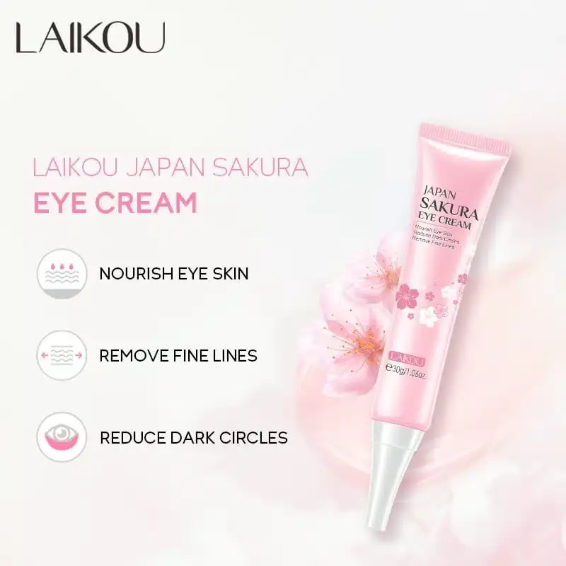 Open Laikou Japan Sakura Eye Cream jar revealing the soft white cream and a small applicator. - thumbnail