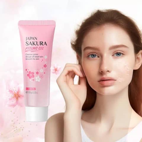 Full front view of Laikou Japan Sakura Peeling Gel 100g white tube with pink cap and cherry blossoms.