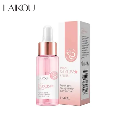 Laikou Japan Sakura Serum 30ml bottle with dropper, elegant floral box, and pink petals.