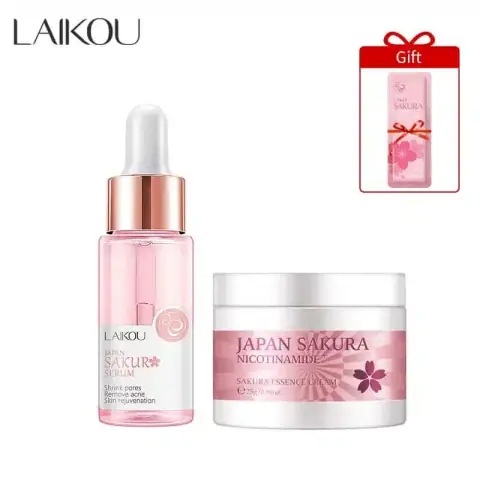 Laikou Japan Sakura 17ml serum dropper bottle and 25gm cream jar, elegant pink packaging.