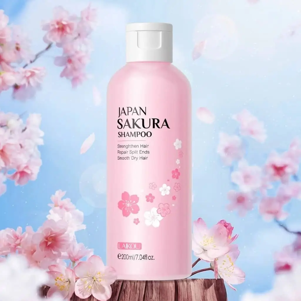 Close-up view of the Laikou Japan Sakura Shampoo bottle's elegant pink label design. - thumbnail