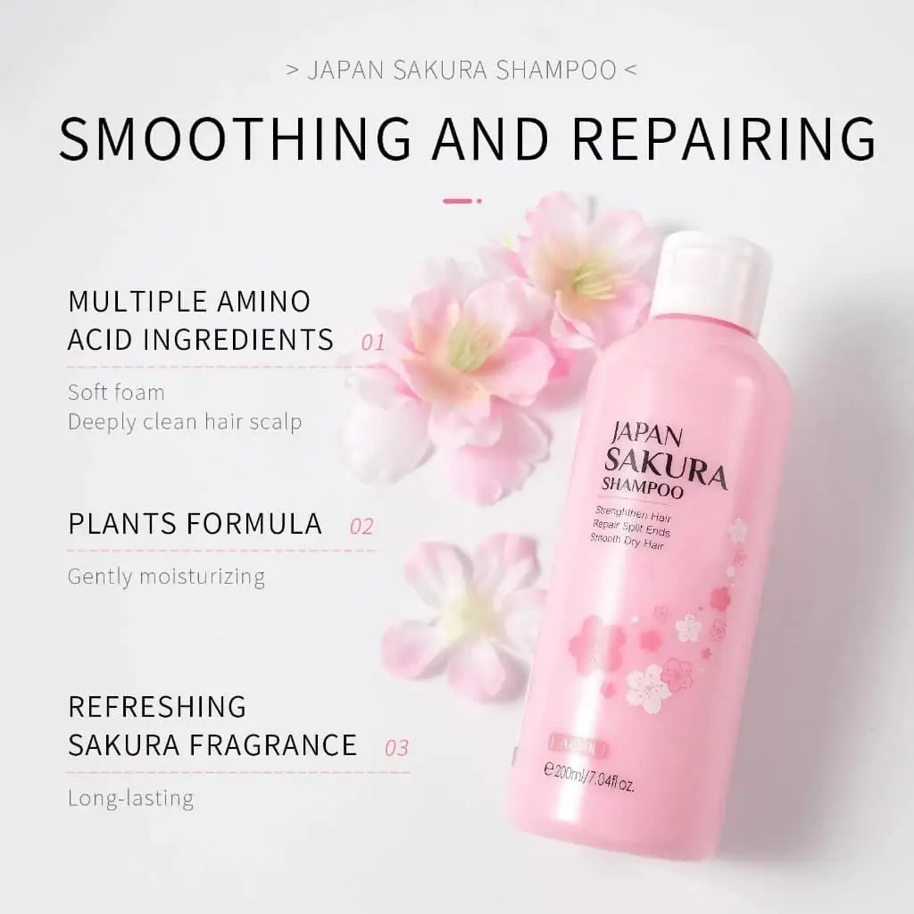 Detailed view of the Laikou Japan Sakura Shampoo 200ml bottle's back label and ingredients. - thumbnail