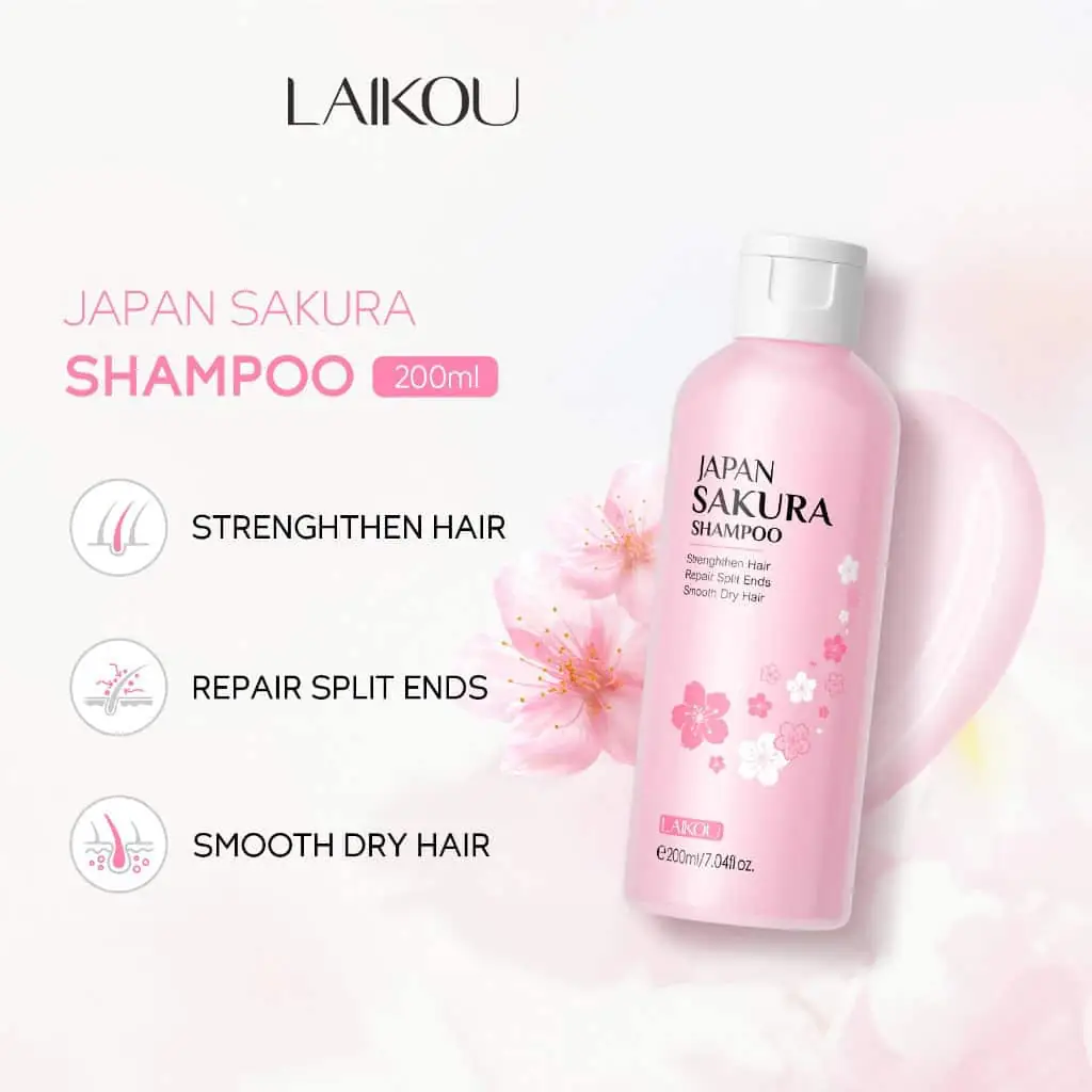 Top-down perspective of the Laikou Japan Sakura Shampoo 200ml bottle's pink pump dispenser. - thumbnail