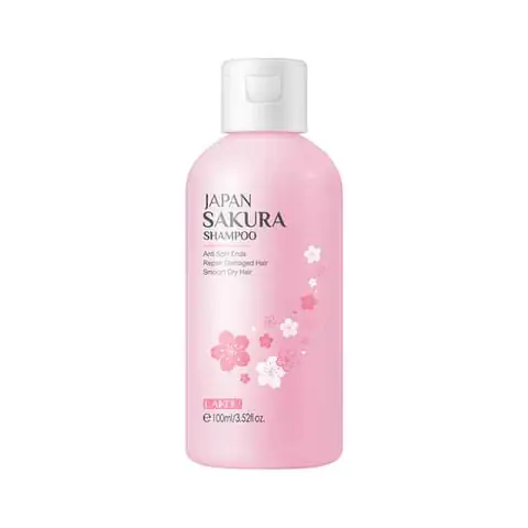 Full view of Laikou Japan Sakura 400ml shampoo bottle, pink with white pump dispenser.