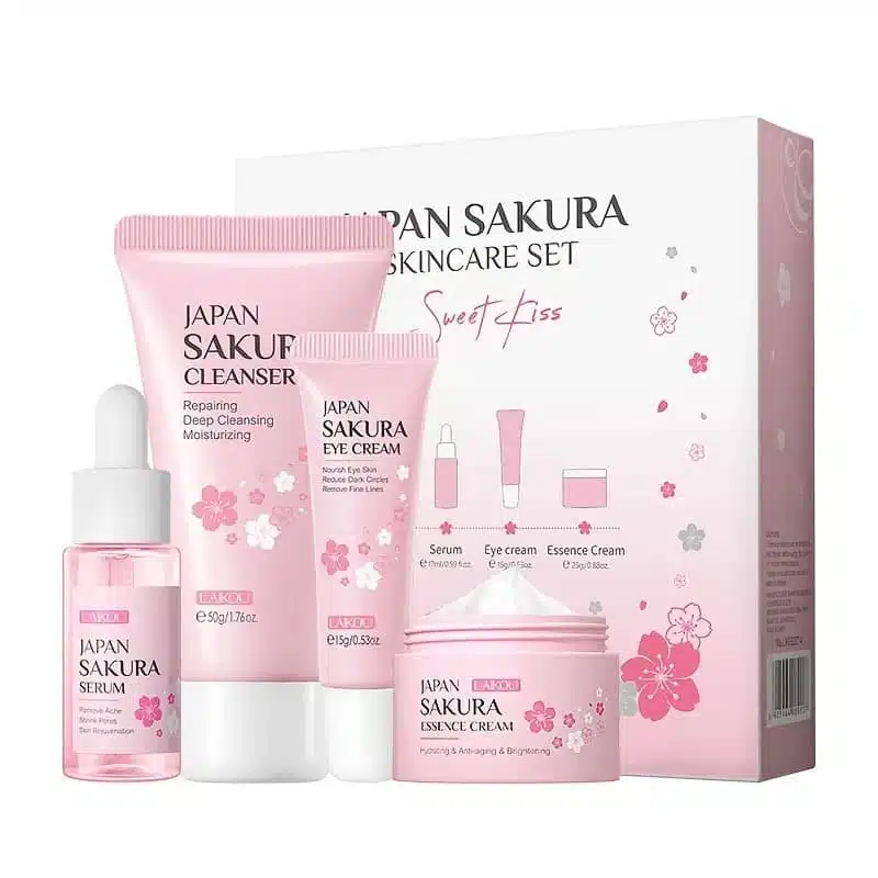 Laikou Japan Sakura 4-piece skin care set featuring pink bottles and "Sweet Kiss" packaging. - thumbnail