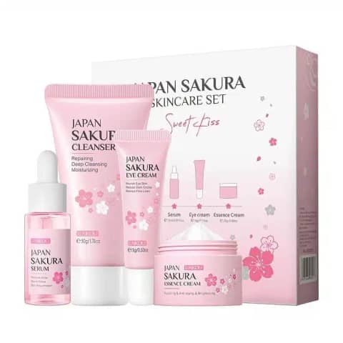Laikou Japan Sakura 4-piece skin care set featuring pink bottles and "Sweet Kiss" packaging.