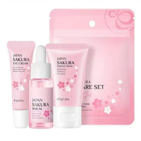 Laikou Japan Sakura complete 3-piece brightening skincare set, neatly arranged on a white surface.