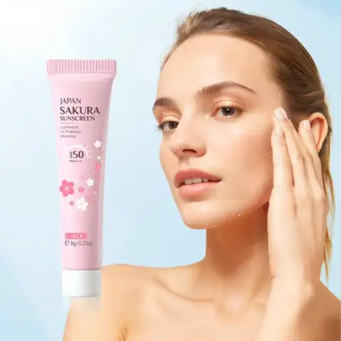 Laikou Japan Sakura Sunscreen tube, SPF50, featuring delicate cherry blossoms on a light pink package.