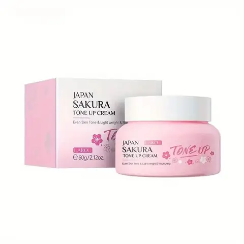 Elegant pink Laikou Sakura Tone Up Cream 60g tube, adorned with delicate cherry blossoms.