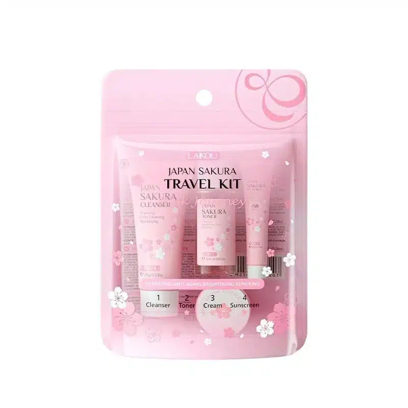 Laikou Japan Sakura 4-piece travel kit displayed upright, featuring pink cleanser, toner, serum, and cream bottles. - thumbnail