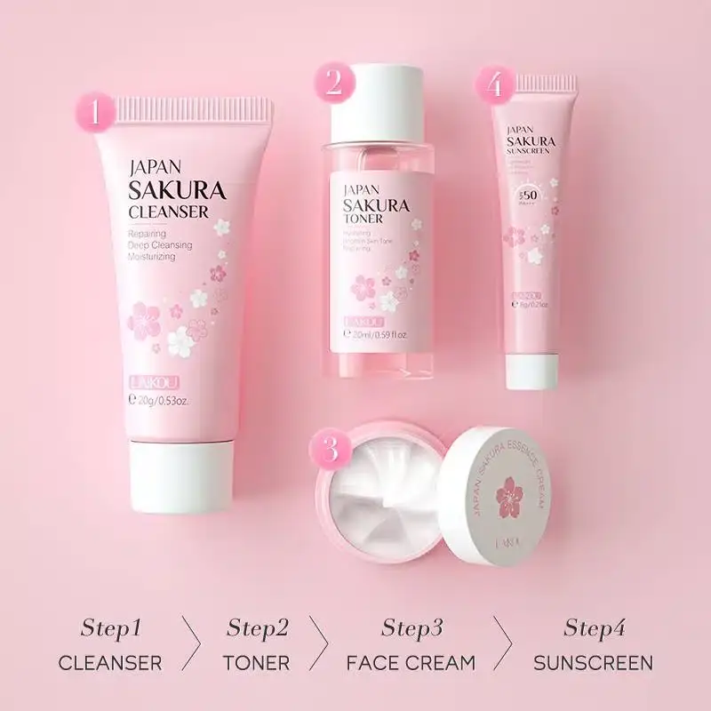 Close-up of Laikou Japan Sakura Travel Kit's pink packaging box with cherry blossom design. - thumbnail
