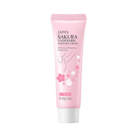 LAIKOU Japan Sakura underarm whitening cream 30gm tube, pink with cherry blossom design, upright.