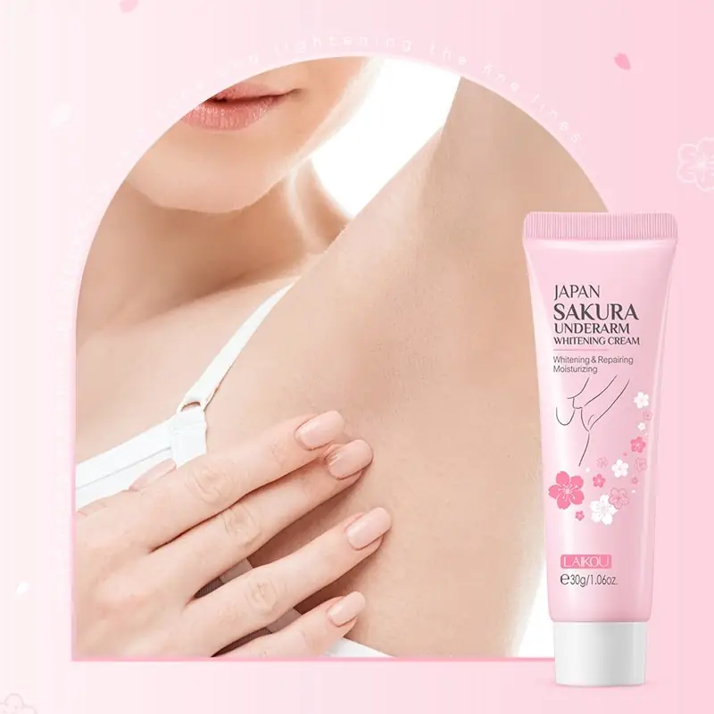 LAIKOU Japan Sakura underarm whitening cream tube displayed next to its pink product box. - thumbnail
