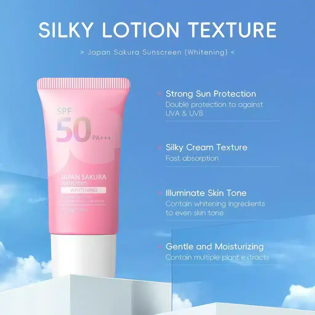 Multiple Laikou Japan Sakura Whitening Sunscreen SPF50 PA+++ 50g tubes displayed. - thumbnail
