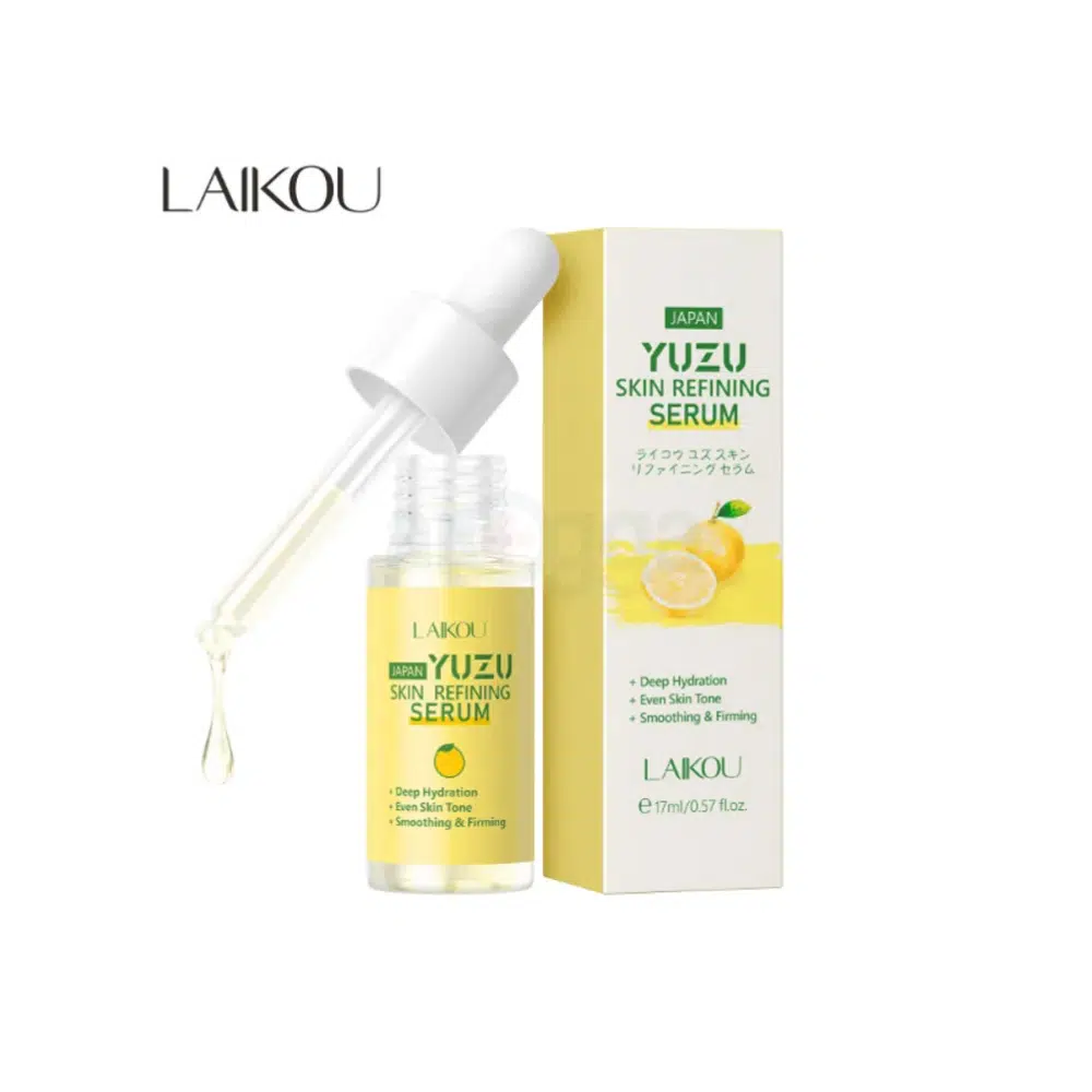 Laikou Japan Yuzu Skin Refining Serum clear dropper bottle, amber liquid, with yuzu slices.