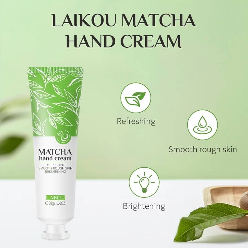 Laikou Matcha Hand Cream 30g tube standing upright, showcasing its green and white packaging. - thumbnail