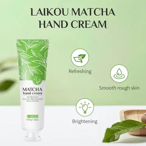 Laikou Matcha Hand Cream 30g tube standing upright, showcasing its green and white packaging.